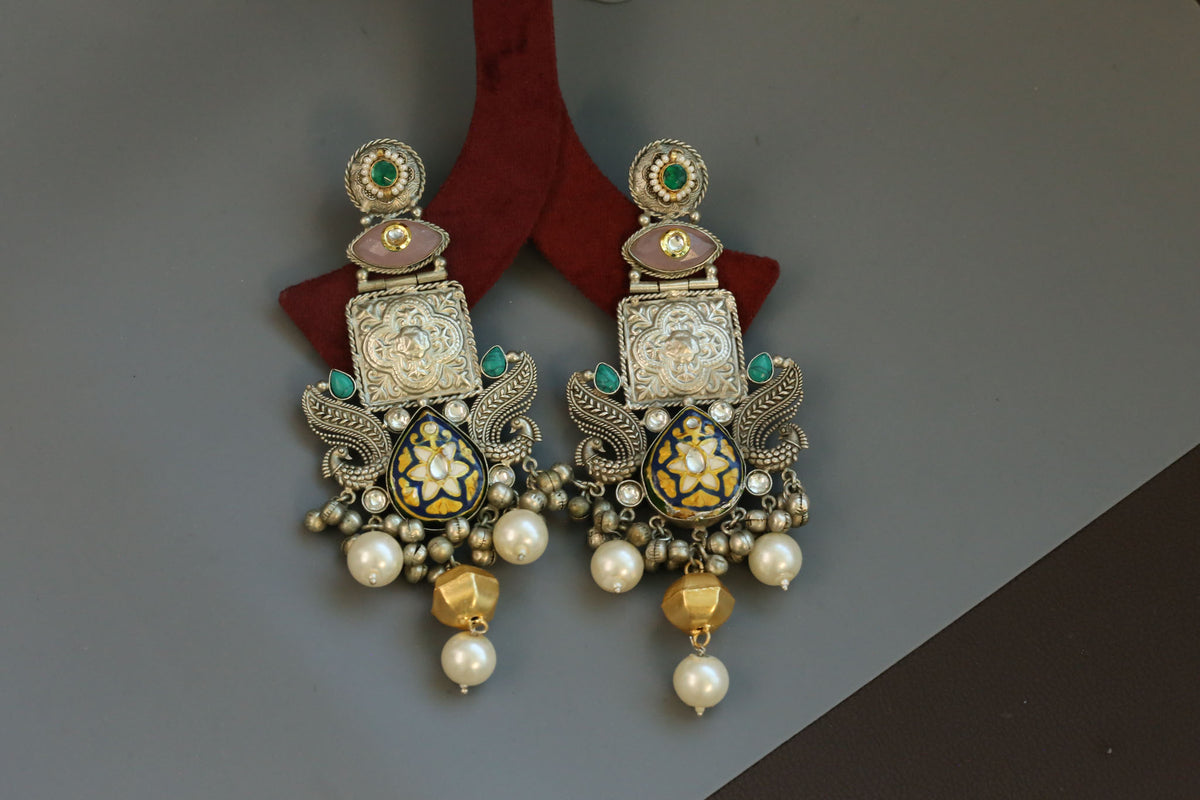 Large Fusion Meenakari & Kundan Dual Tone Earrings - Black