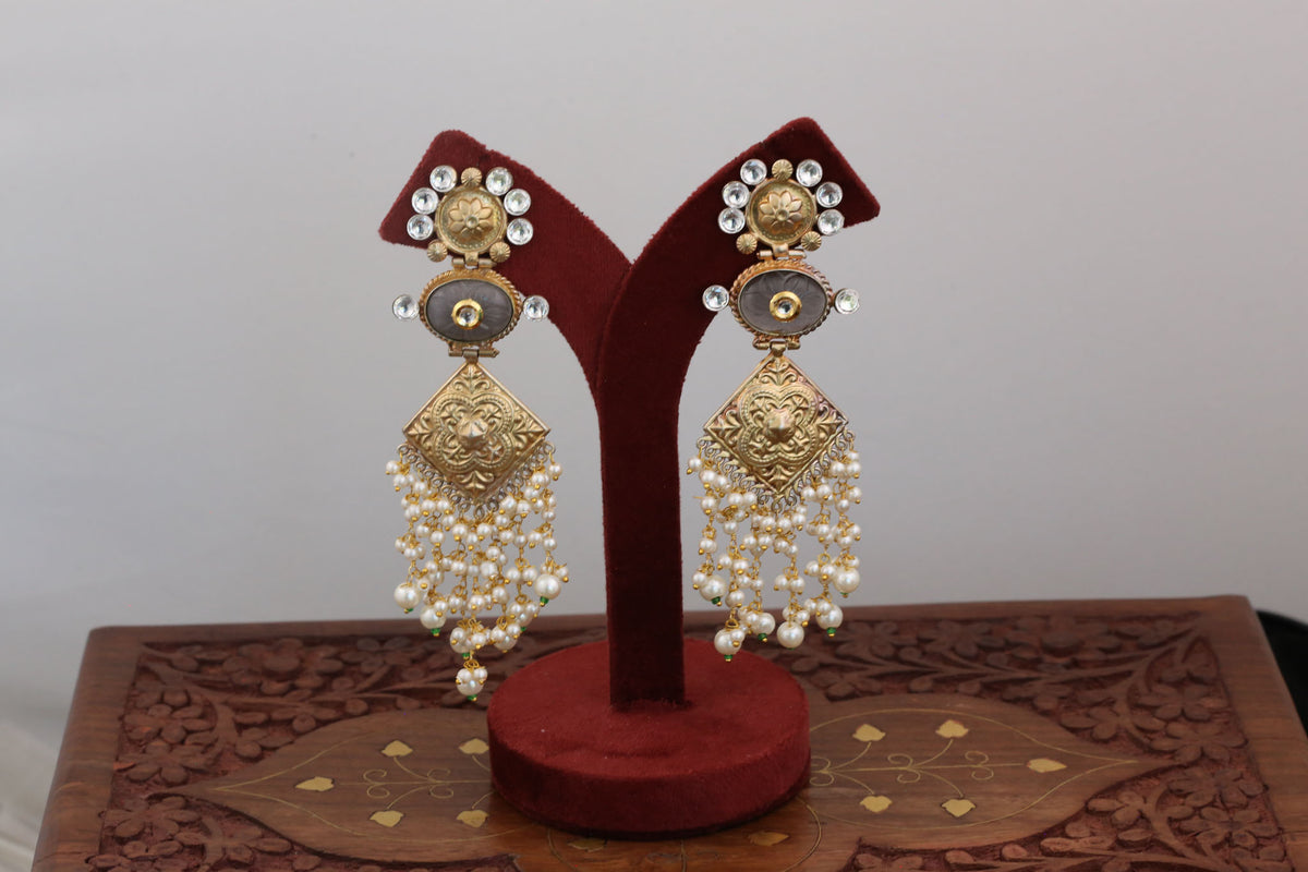 Long Kundan Fusion Earrings - Gray
