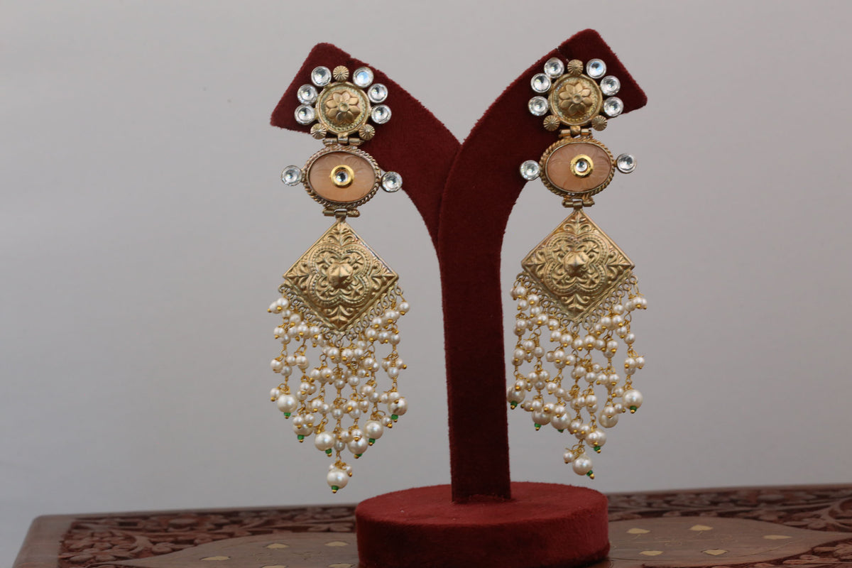 Long Kundan Fusion Earrings - Peach