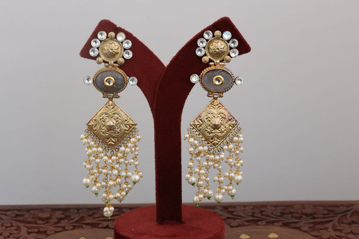 Long Kundan Fusion Earrings - Gray
