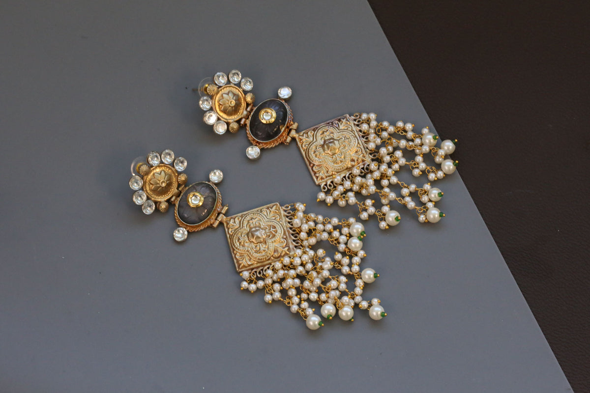 Long Kundan Fusion Earrings - Gray