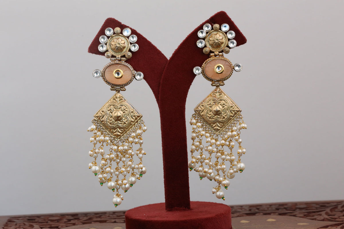 Long Kundan Fusion Earrings - Peach