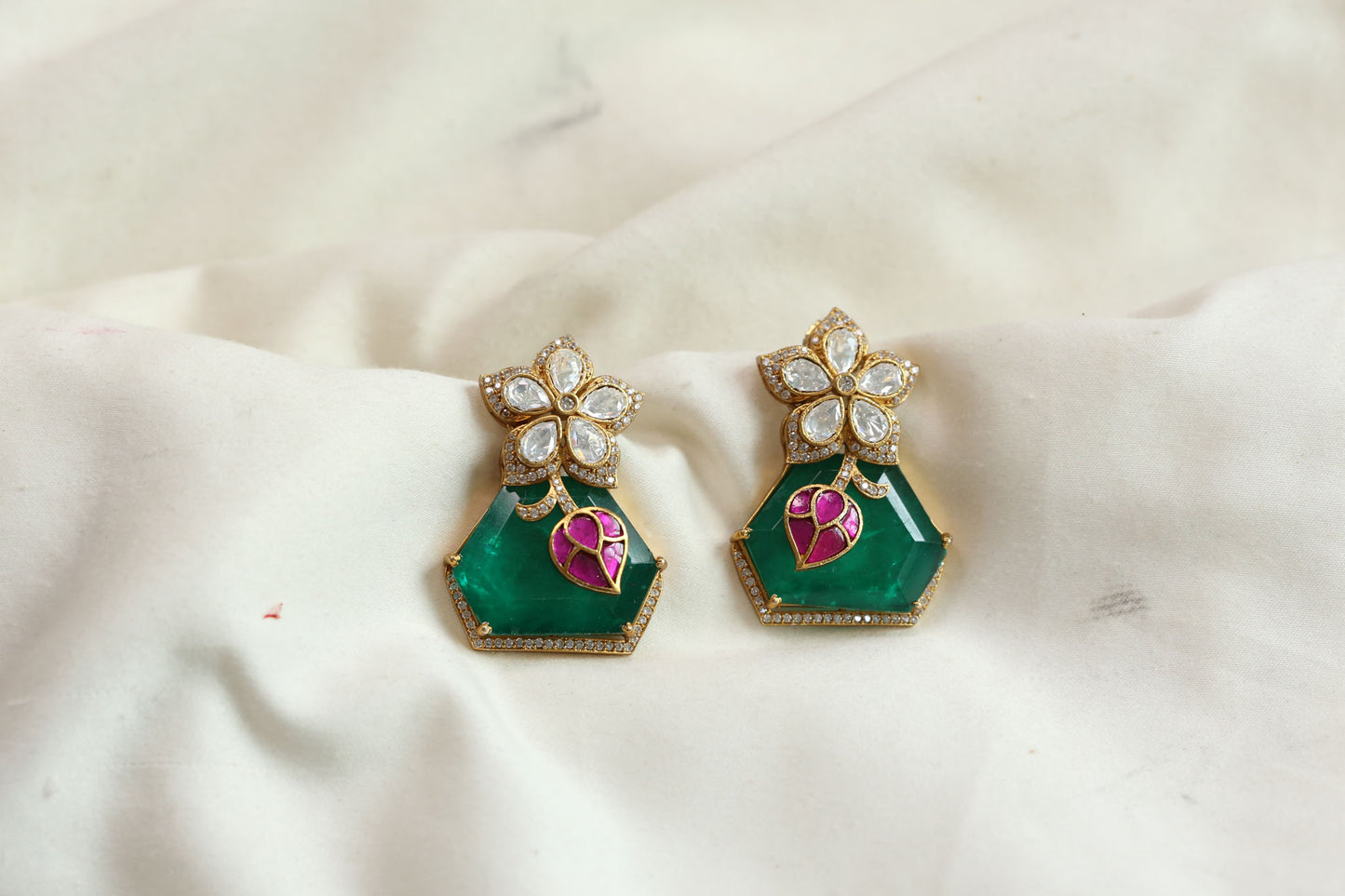 Premium Moissanite Jadau & Emerald Doublet Earrings