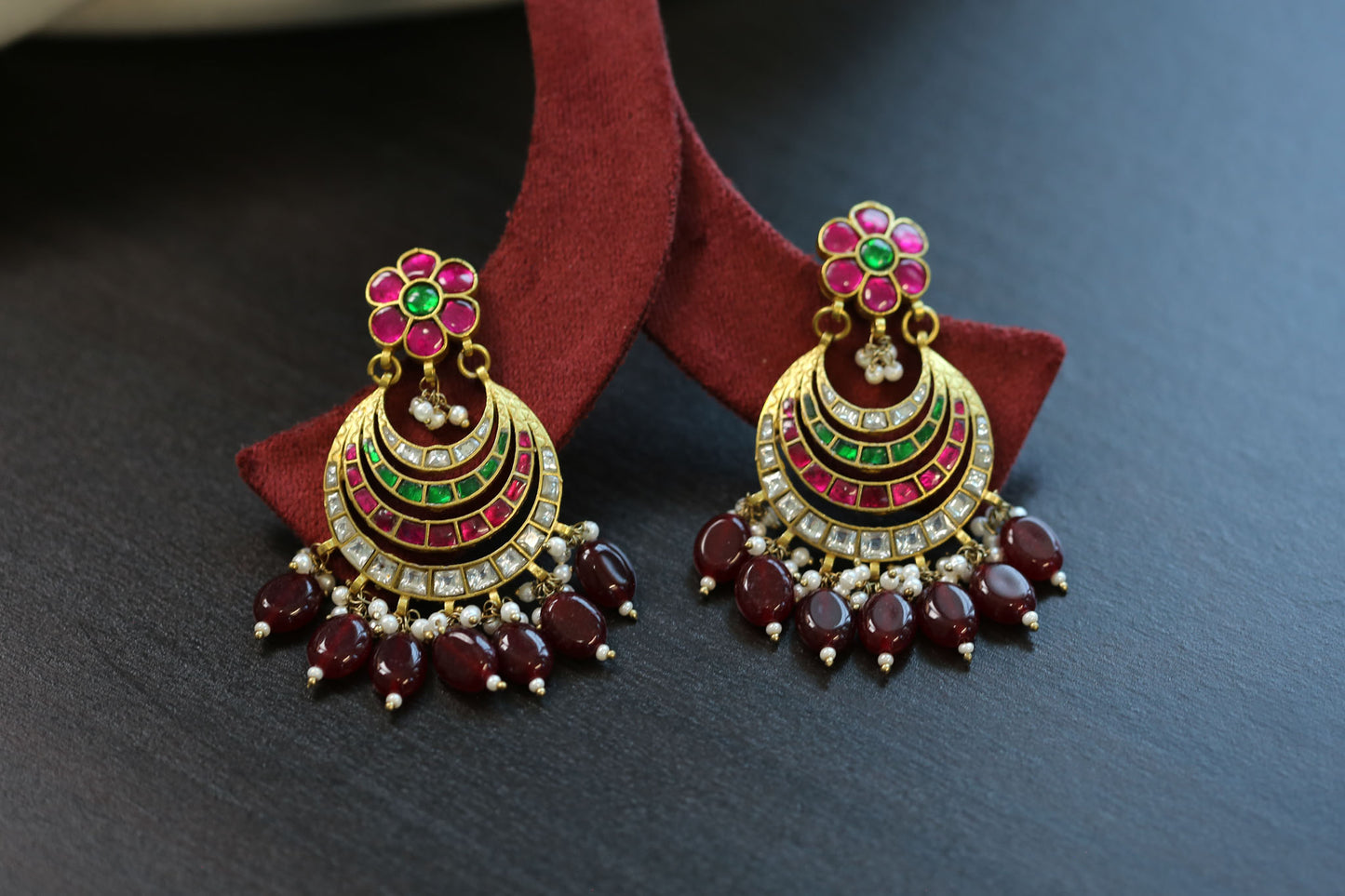 Kundan Jadau Chand Earrings  - Multi Color
