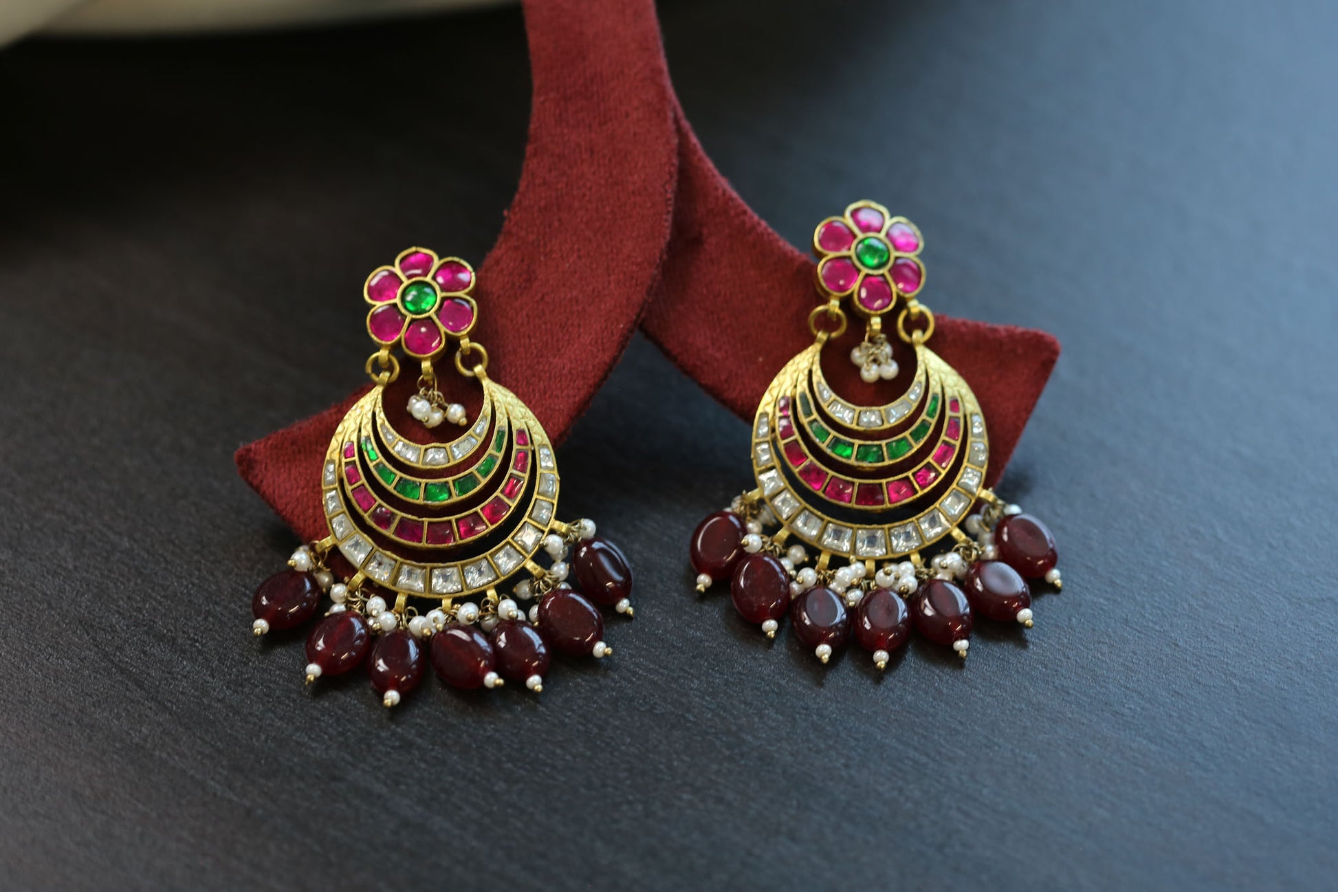 Kundan Jadau Chand Earrings  - Multi Color