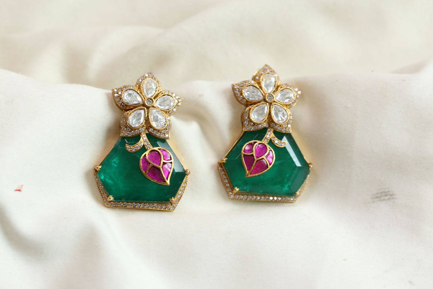 Premium Moissanite Jadau & Emerald Doublet Earrings