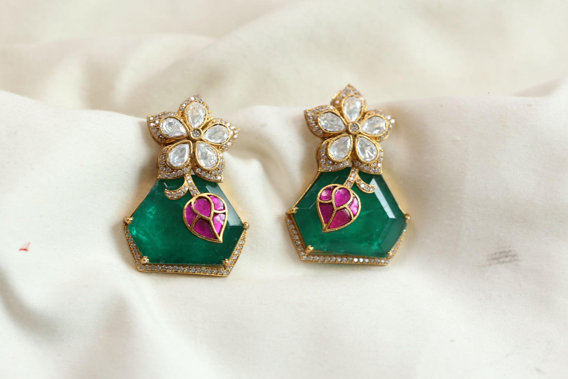 Premium Moissanite Jadau & Emerald Doublet Earrings