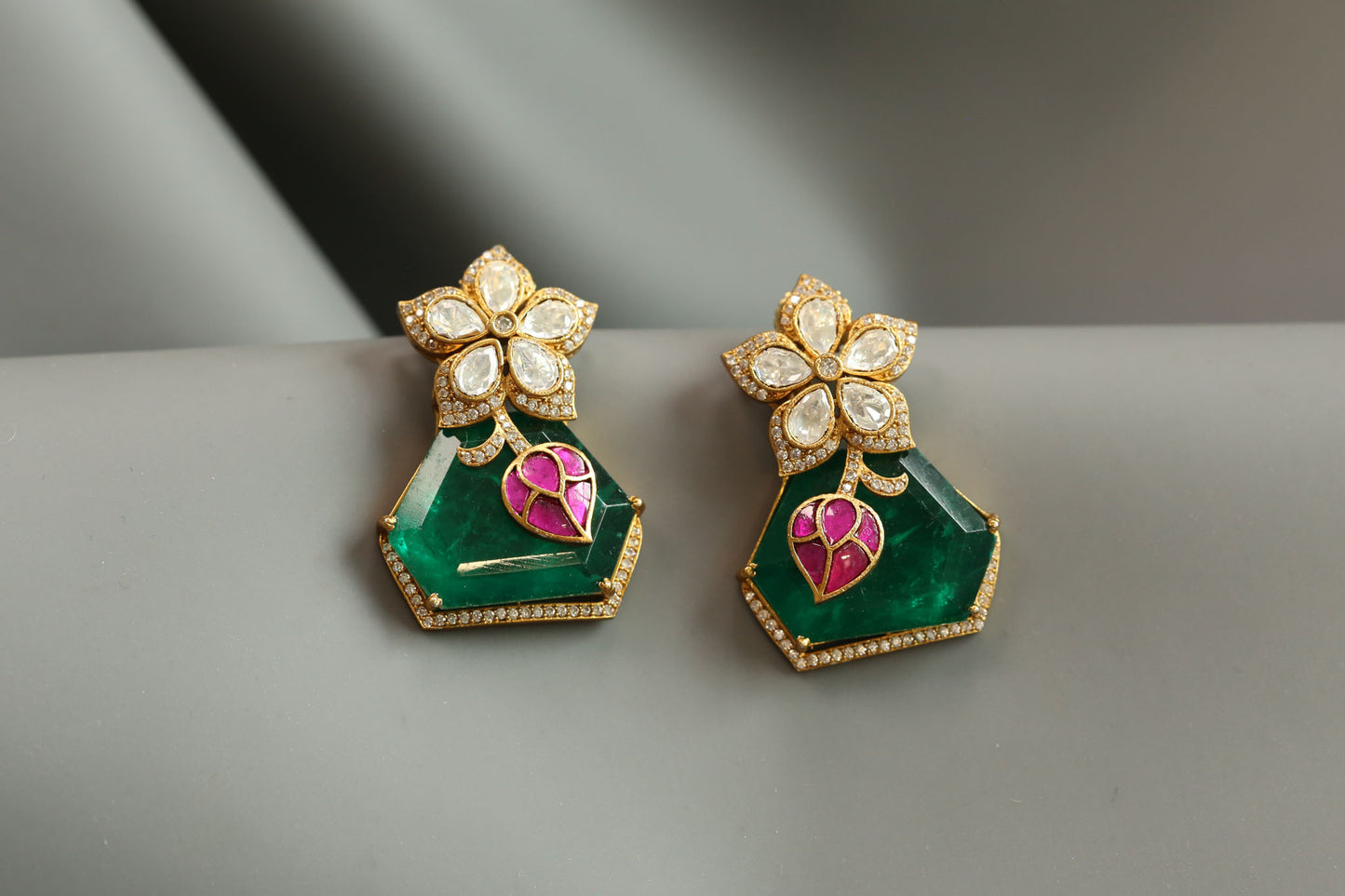 Premium Moissanite Jadau & Emerald Doublet Earrings