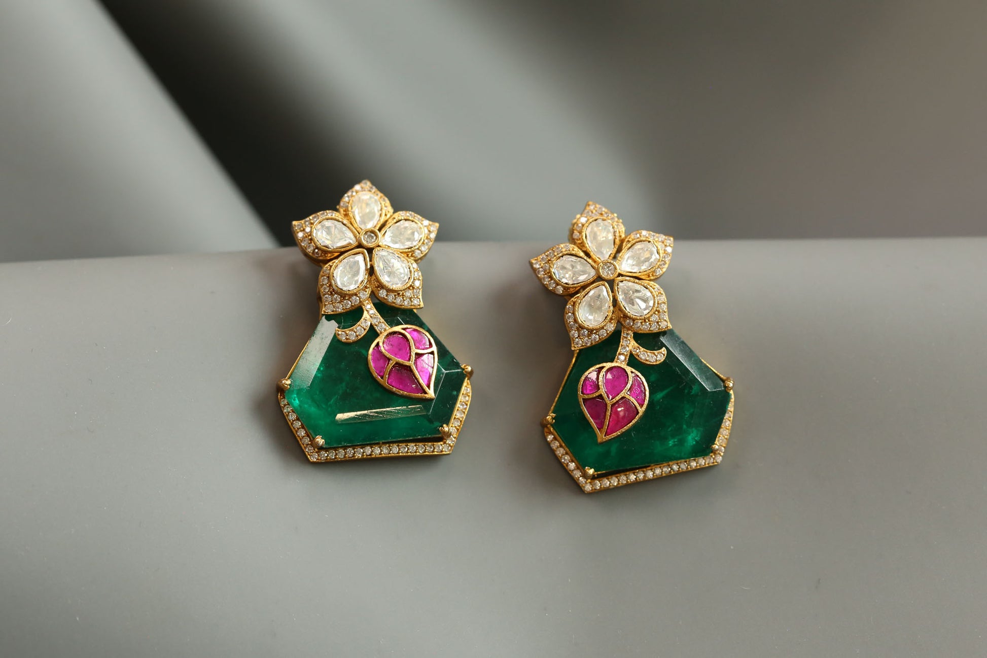 Premium Moissanite Jadau & Emerald Doublet Earrings