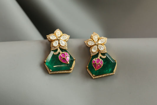 Premium Moissanite Jadau & Emerald Doublet Earrings
