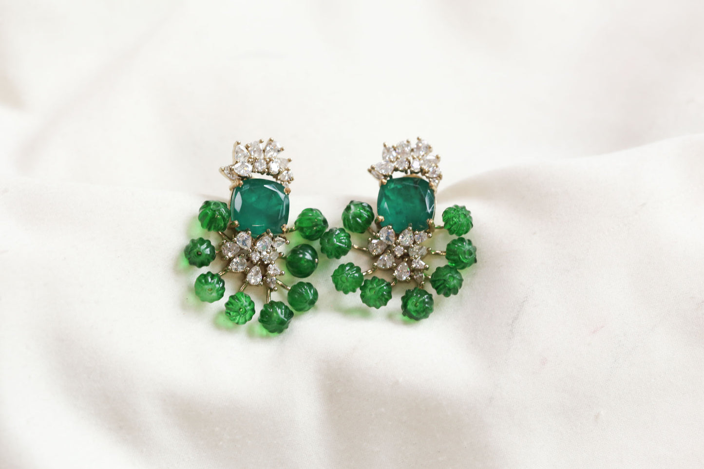 CZ, Doublet & Melon Beads Studs - Green
