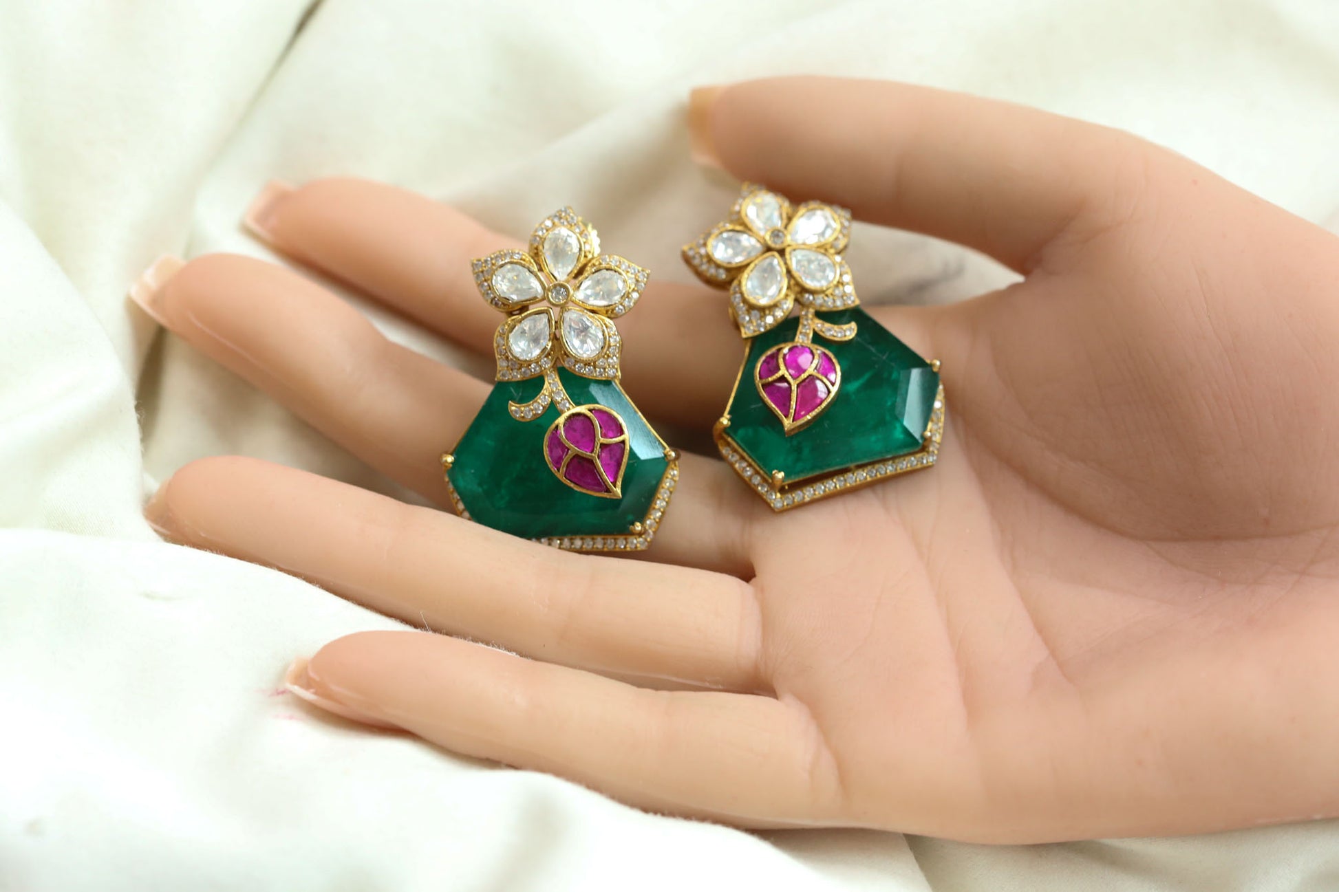 Premium Moissanite Jadau & Emerald Doublet Earrings