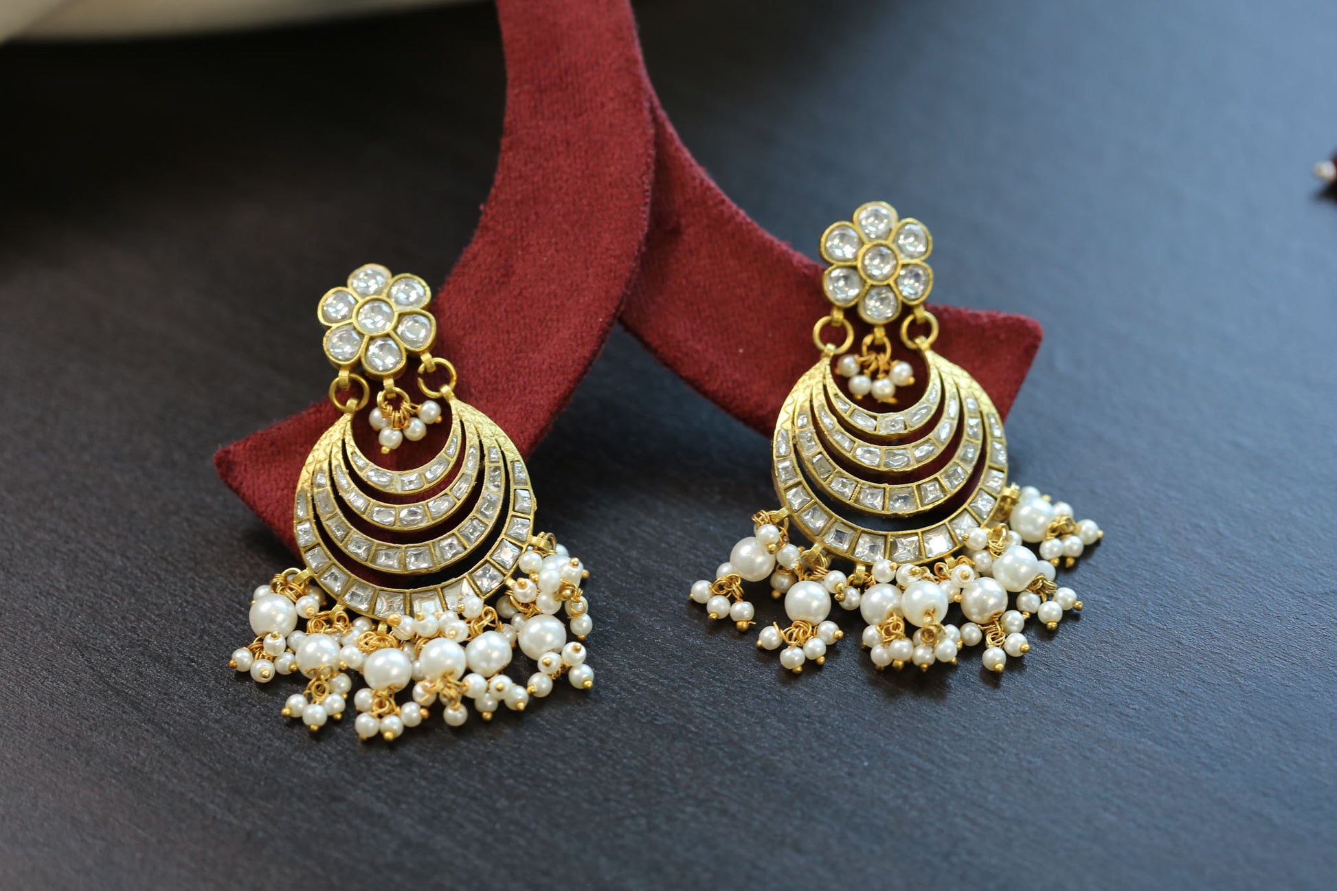Kundan Jadau Chand Earrings  - Clear