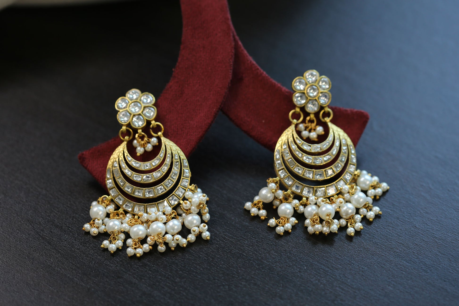 Kundan Jadau Chand Earrings  - Clear