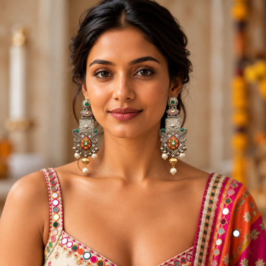 Large Fusion Meenakari & Kundan Dual Tone Earrings - Red