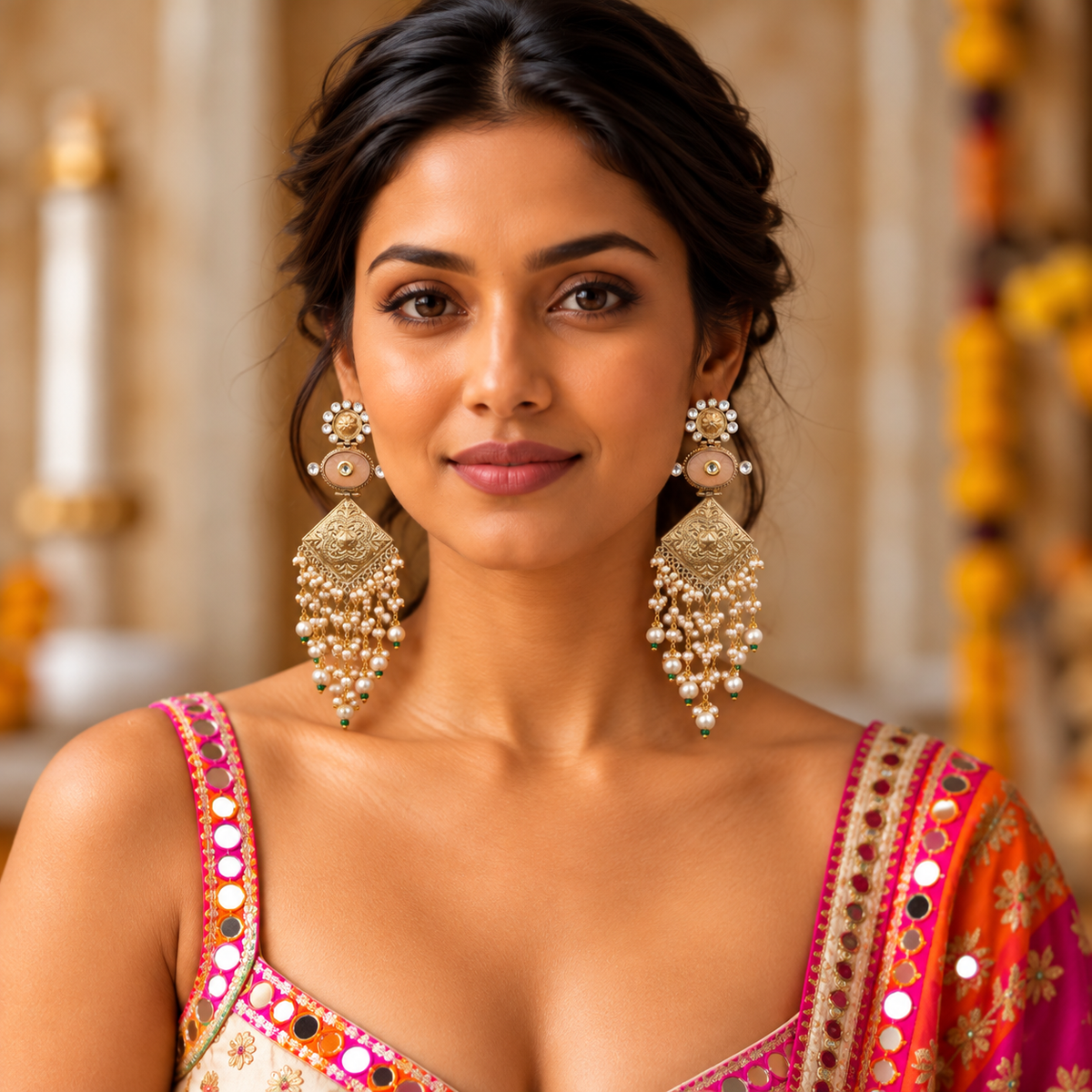 Long Kundan Fusion Earrings - Peach