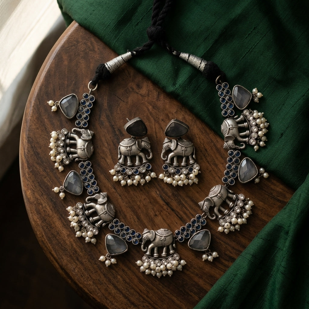 Gajraj Oxidized Necklace Set - Gray