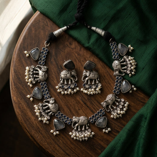 Gajraj Oxidized Necklace Set - Gray