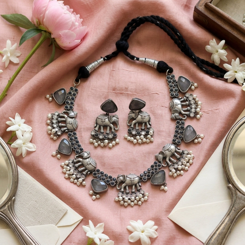 Gajraj Oxidized Necklace Set - Gray