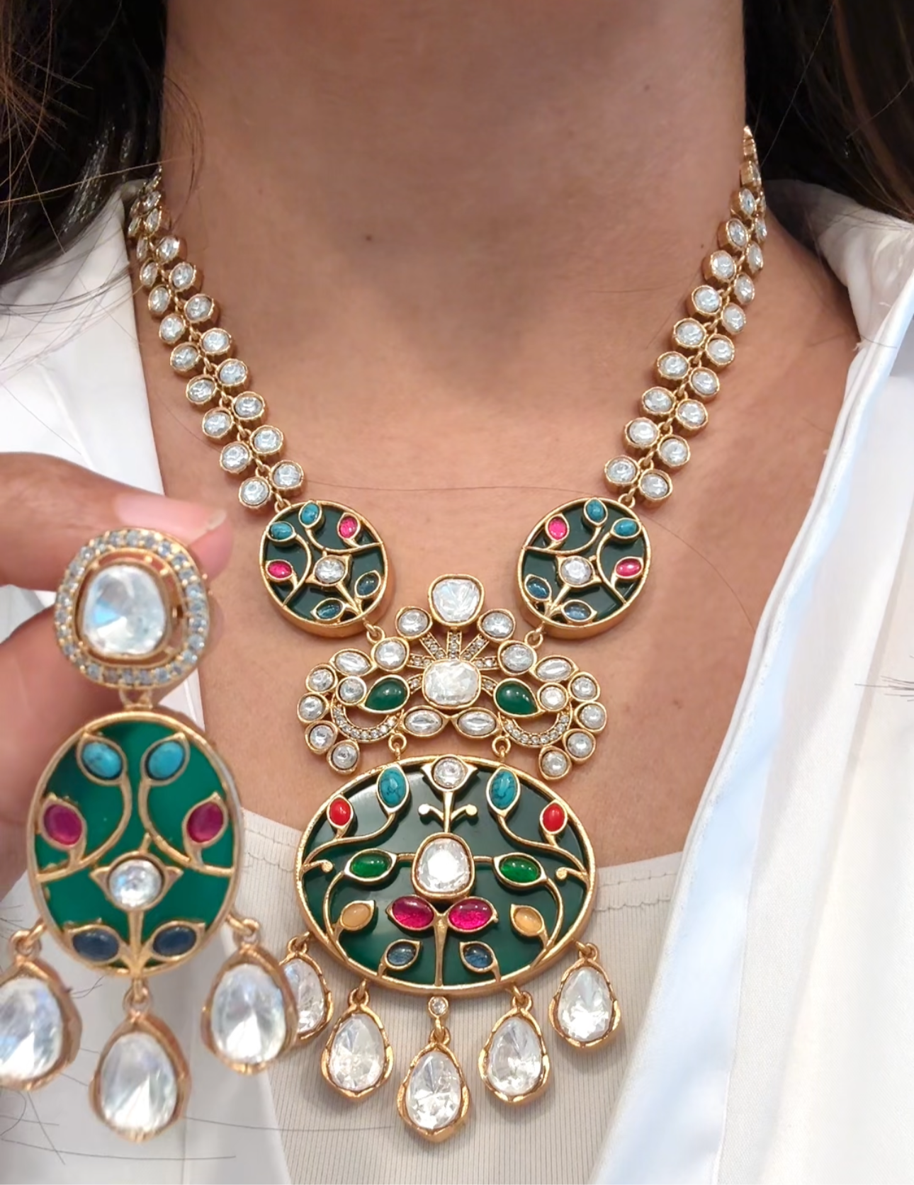 Premium Inlay Work & Uncut Kundan Set (ABJ-N101-92) - Green