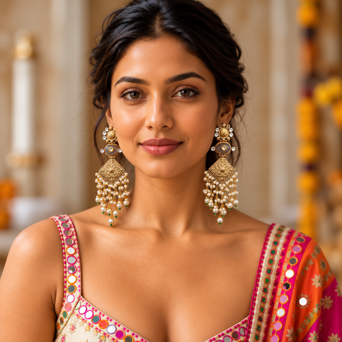 Long Kundan Fusion Earrings - Gray