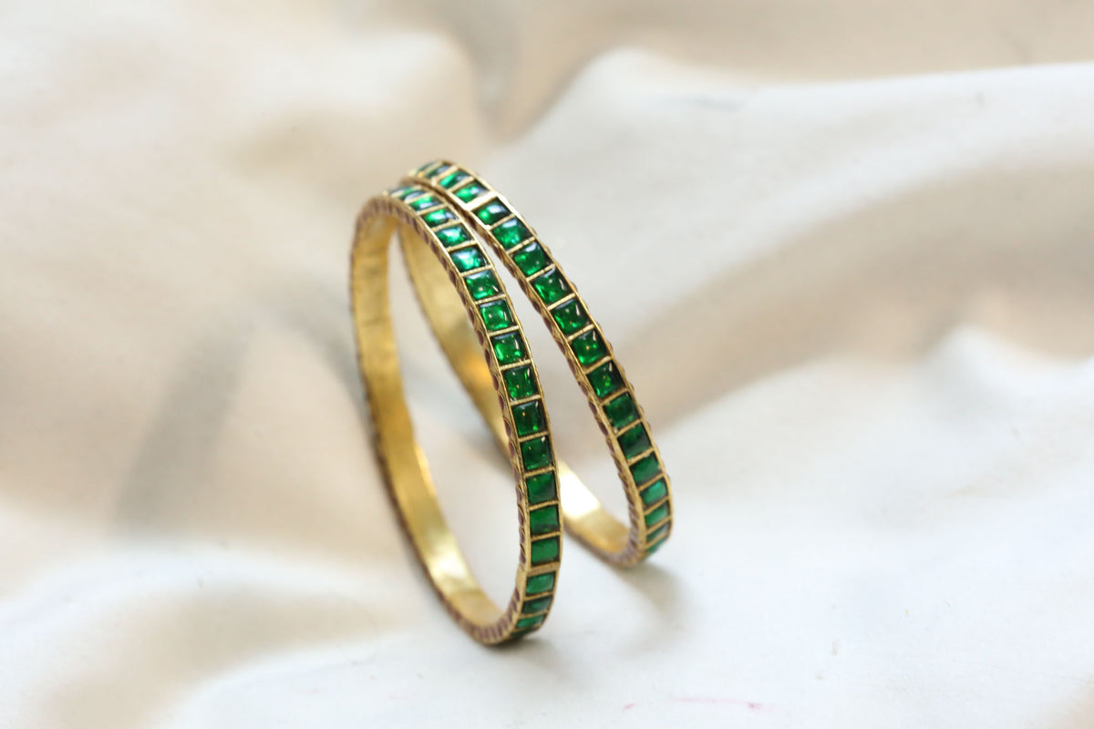Jadau Enamel Sia Bangle Set ( Pair - Set of 2) - Green