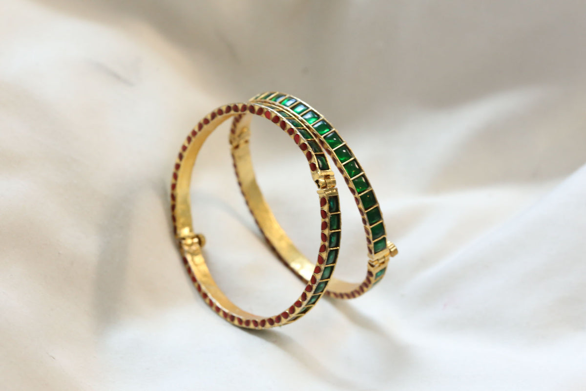 Jadau Enamel Sia Bangle Set ( Pair - Set of 2) - Green