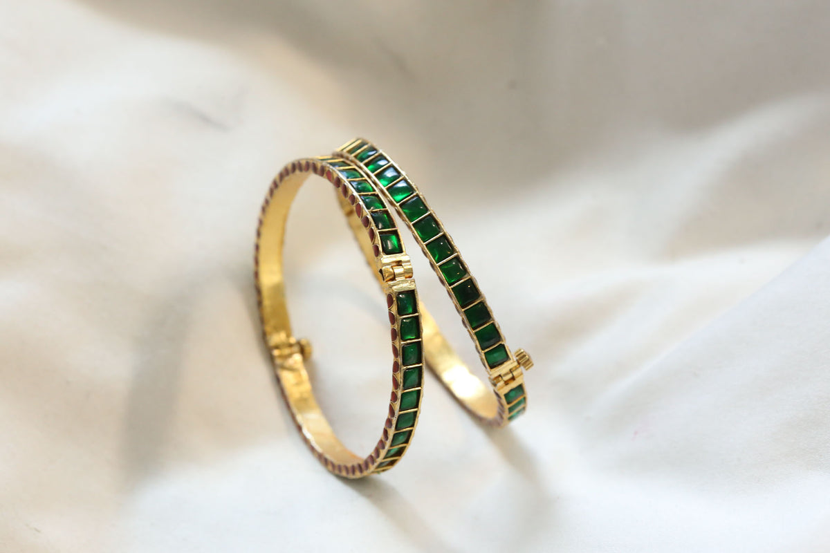 Jadau Enamel Sia Bangle Set ( Pair - Set of 2) - Green