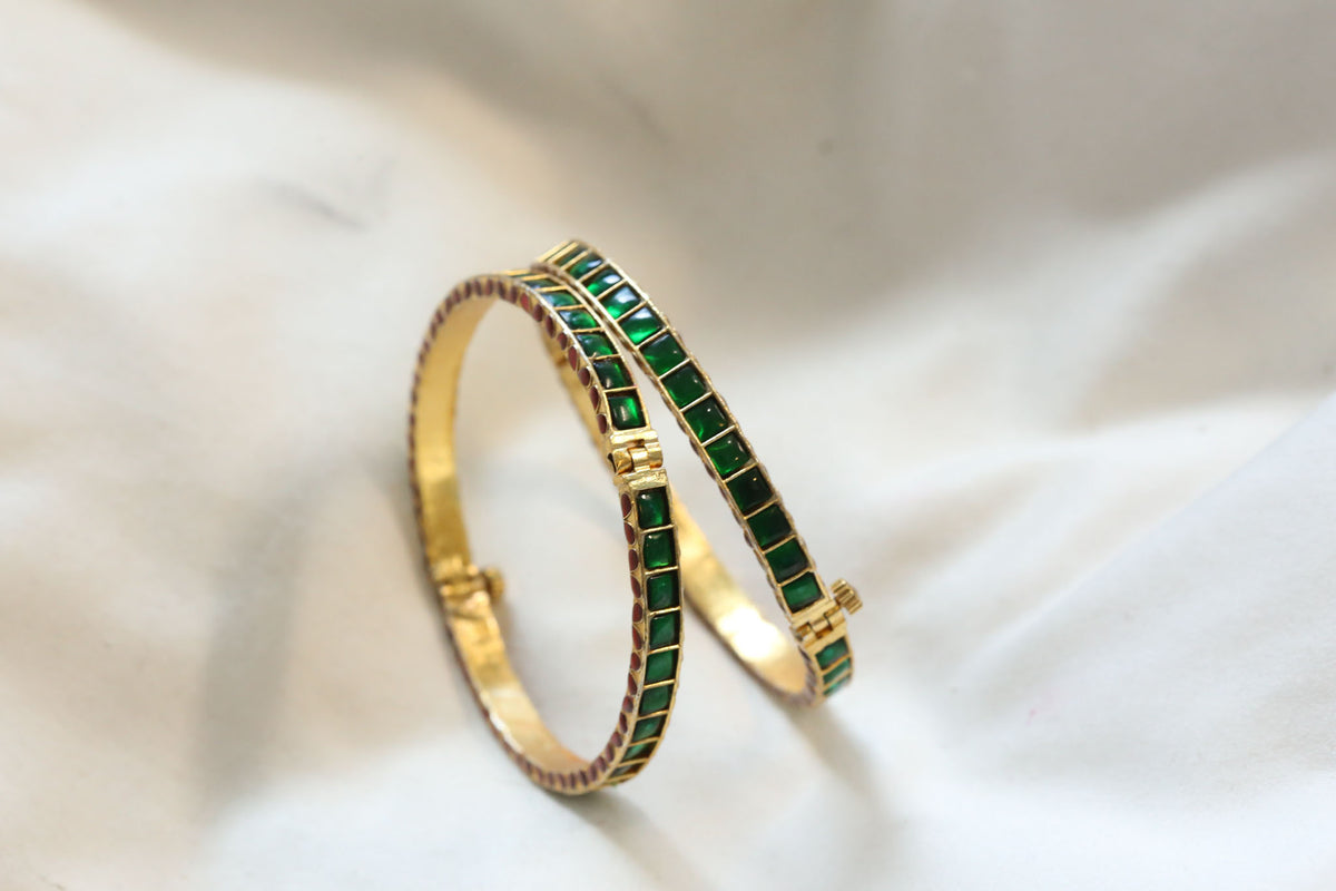 Jadau Enamel Sia Bangle Set ( Pair - Set of 2) - Green