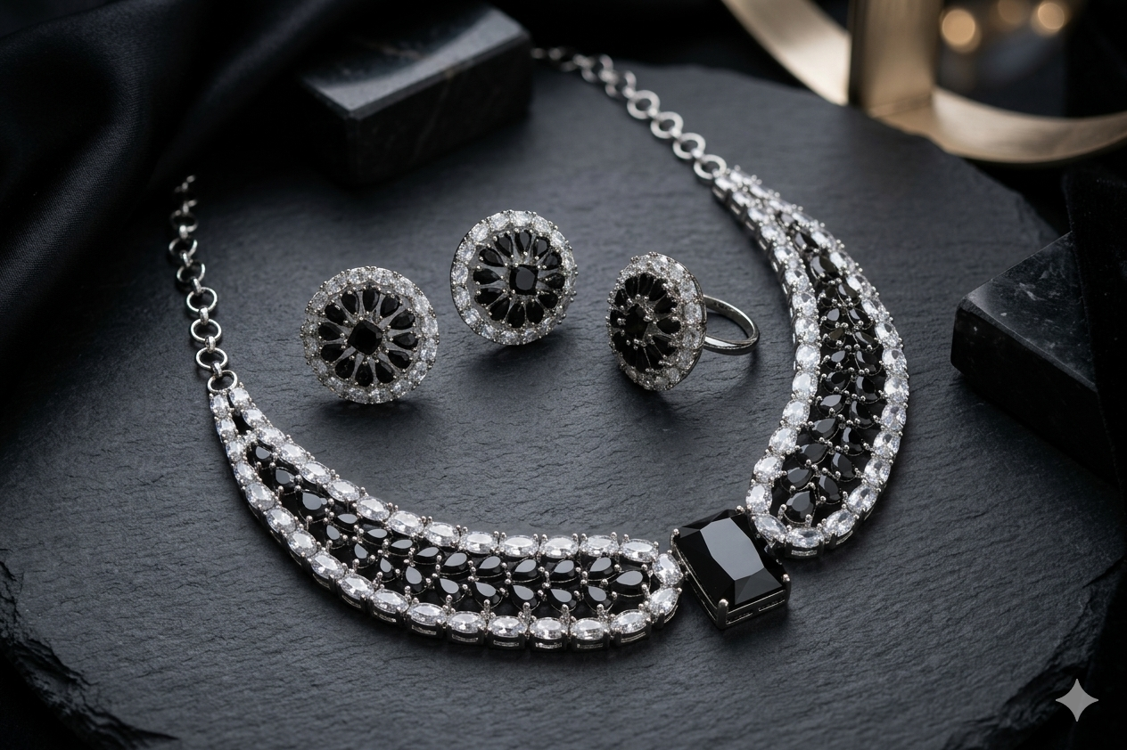 Black CZ Necklace, Earrings & Ring Set