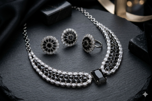 Black CZ Necklace, Earrings & Ring Set