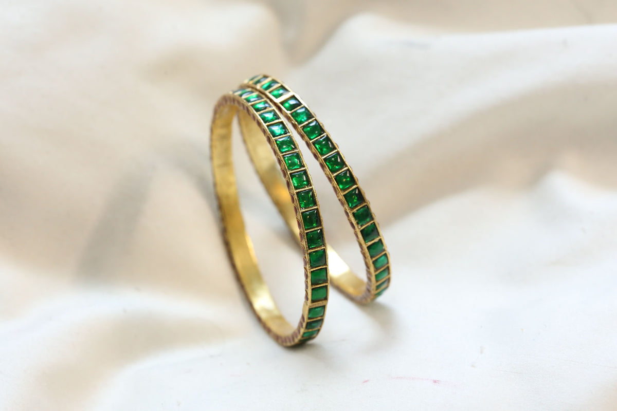 Jadau Enamel Sia Bangle Set ( Pair - Set of 2) - Green