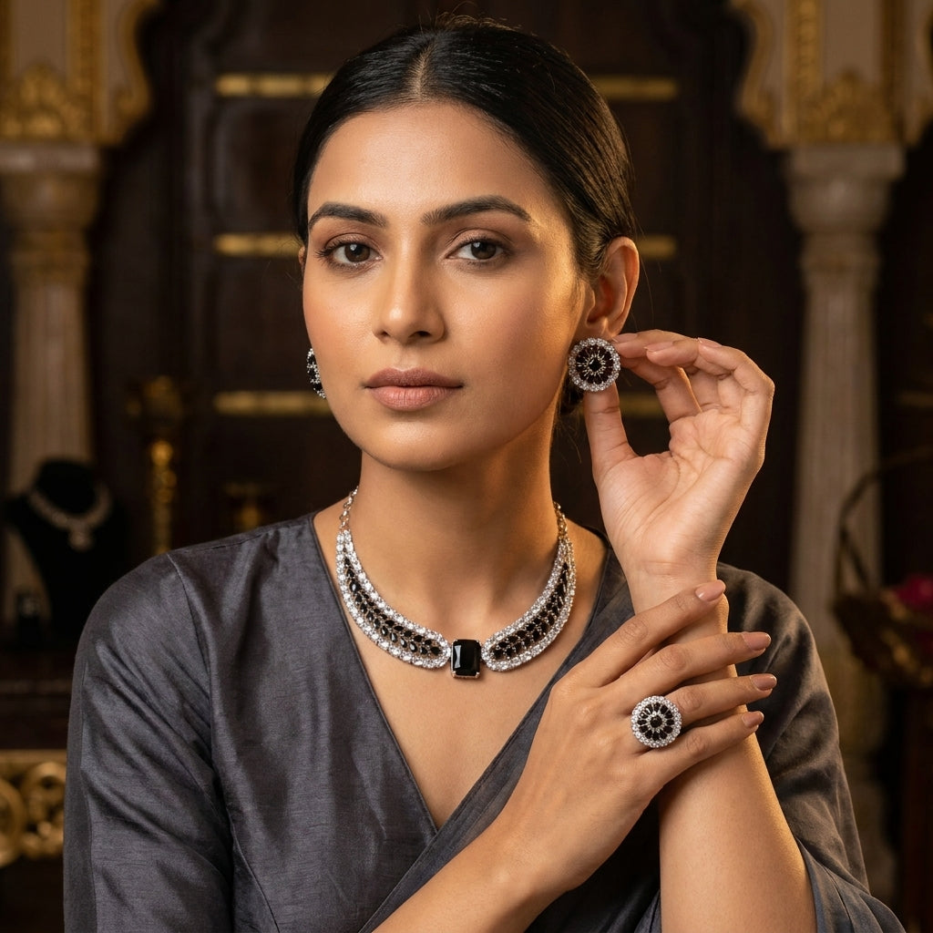 Black CZ Necklace, Earrings & Ring Set
