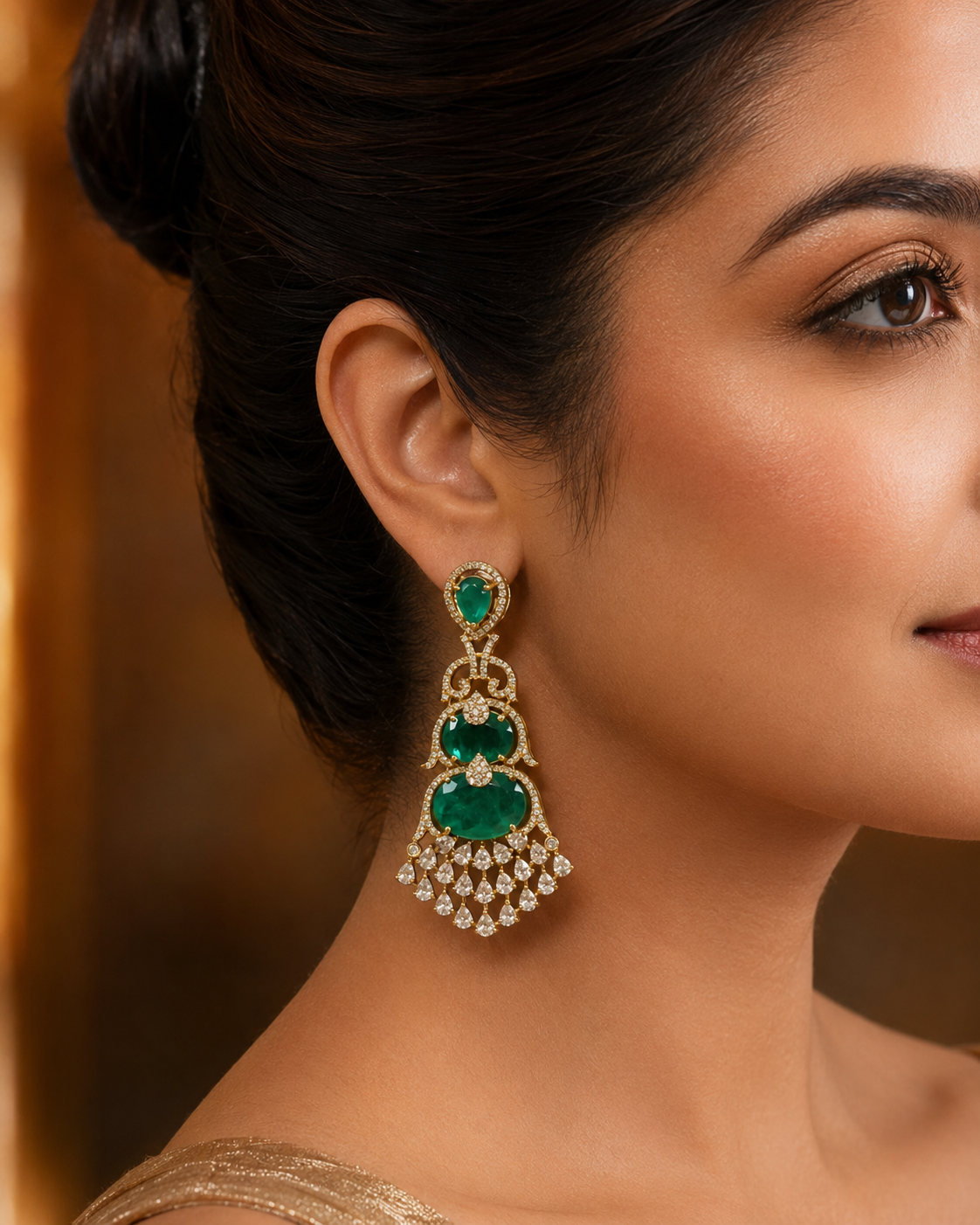 Aarika Doublet, MicroCZ & Mehndi Polish Earrings - Emerald