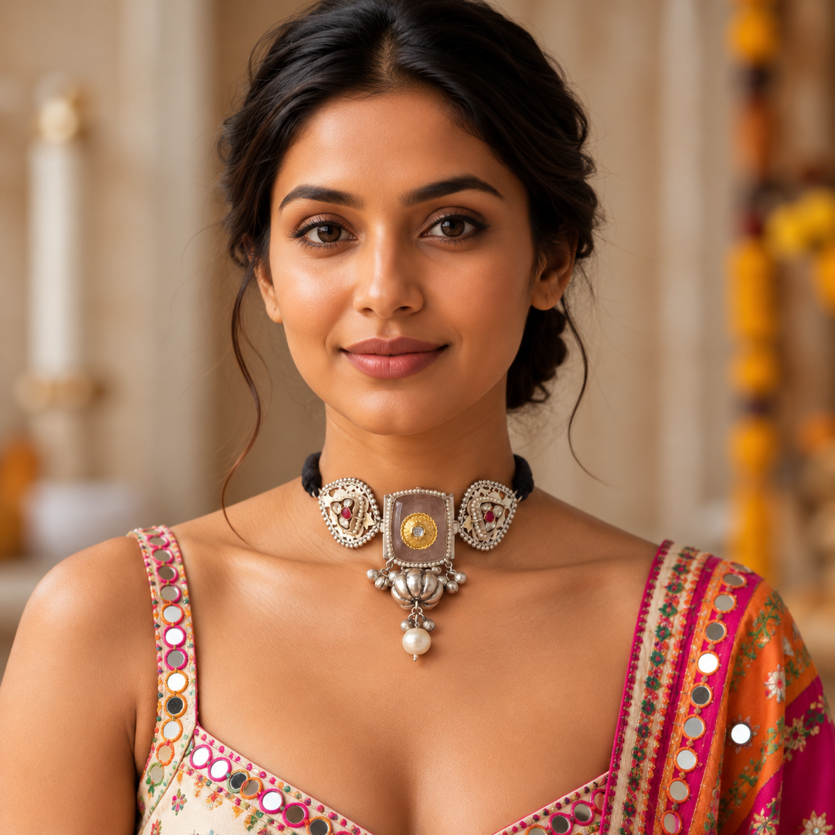 Fusion Kundan & Semiprecious Stone Choker (Rose Quartz)