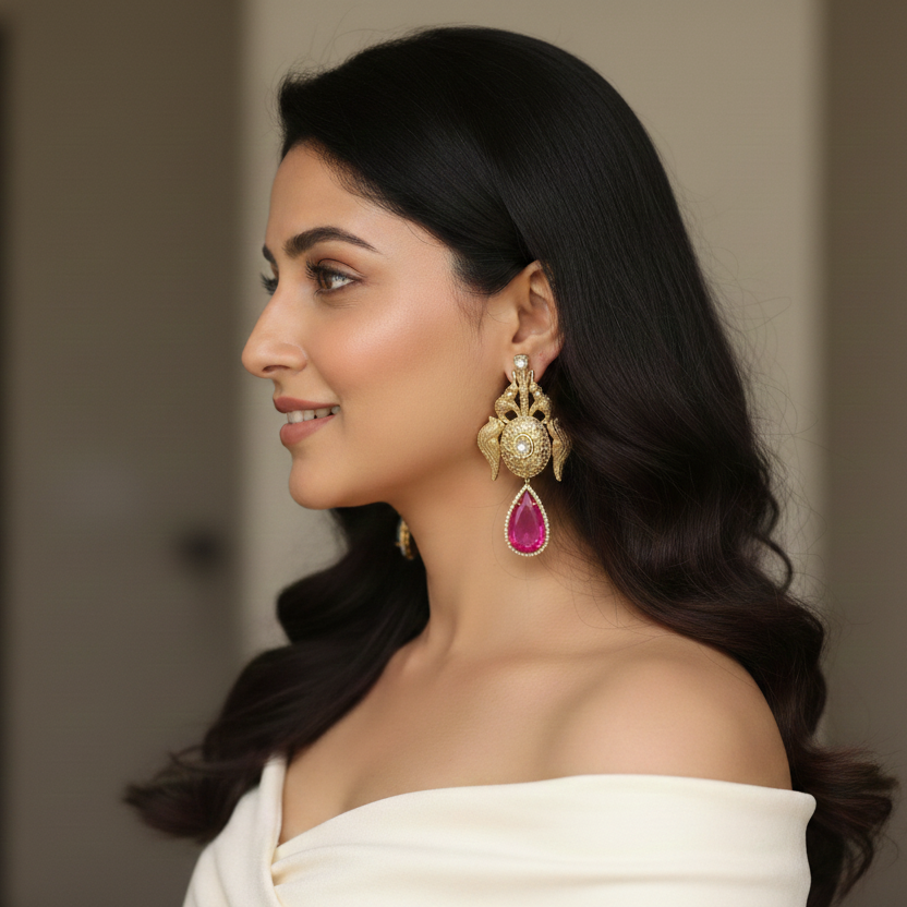 Matt Gold Designer Kundan Doublet Earrings - Hot Pink