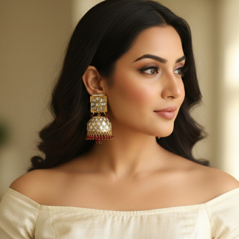 Mrunal Vintage Polish Jhumka With Red Oxyx Drops