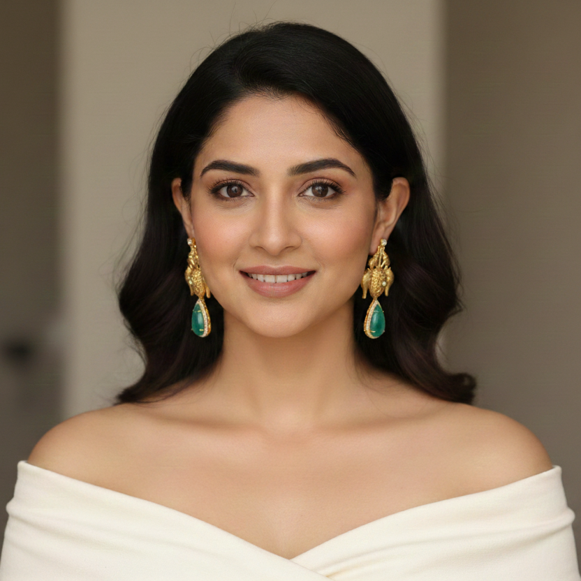 Matt Gold Designer Kundan Doublet Earrings - Green