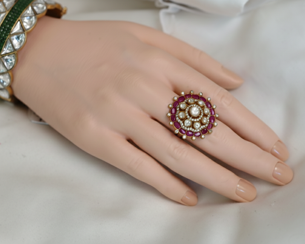 Fine CZ, Moissanites & Kundan Polki Ring - Ruby