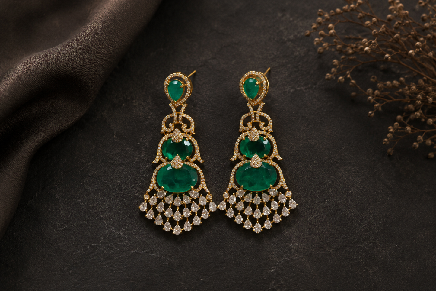 Aarika Doublet, MicroCZ & Mehndi Polish Earrings - Emerald