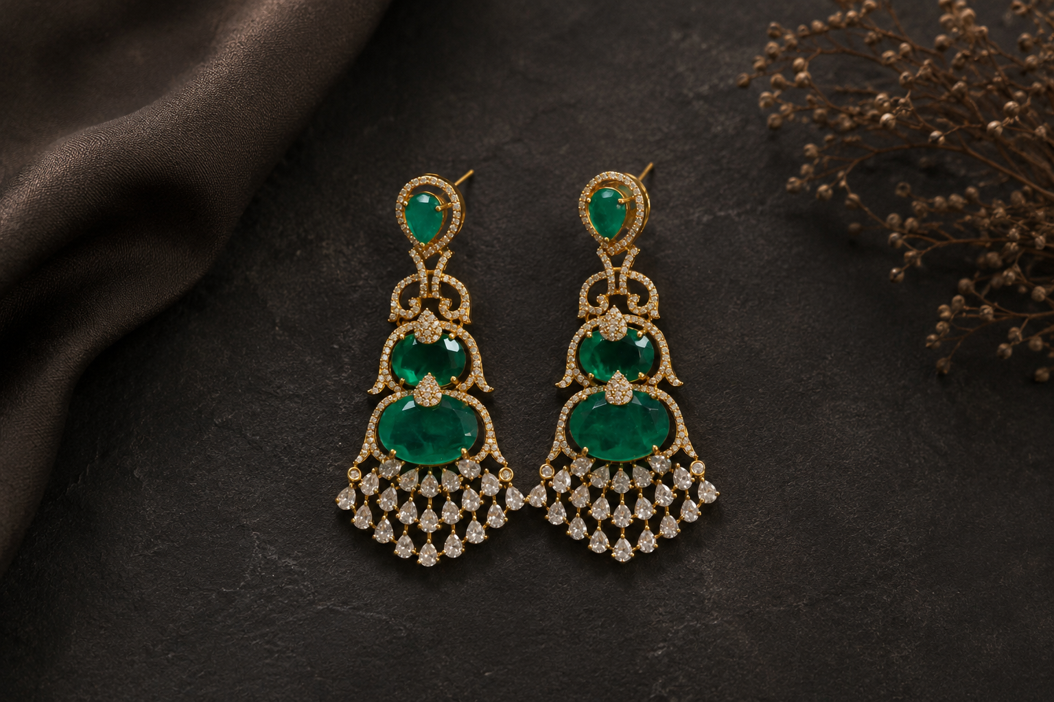 Aarika Doublet, MicroCZ & Mehndi Polish Earrings - Emerald