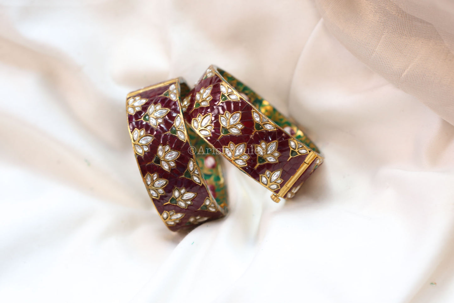 Zeenat Takkar Jadau Kundan Bangle Set (Openable) - Dark Red