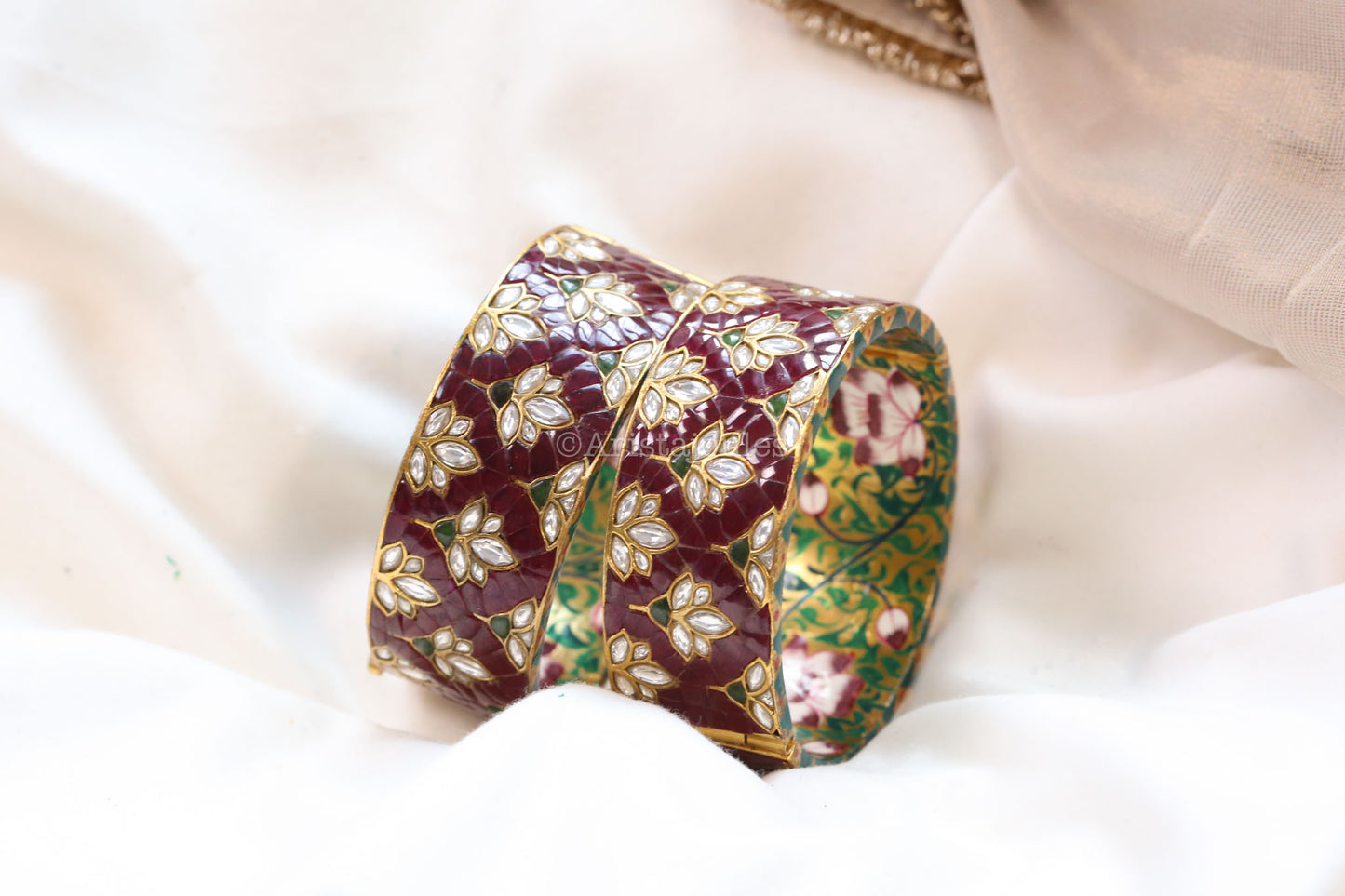 Zeenat Takkar Jadau Kundan Bangle Set (Openable) - Dark Red