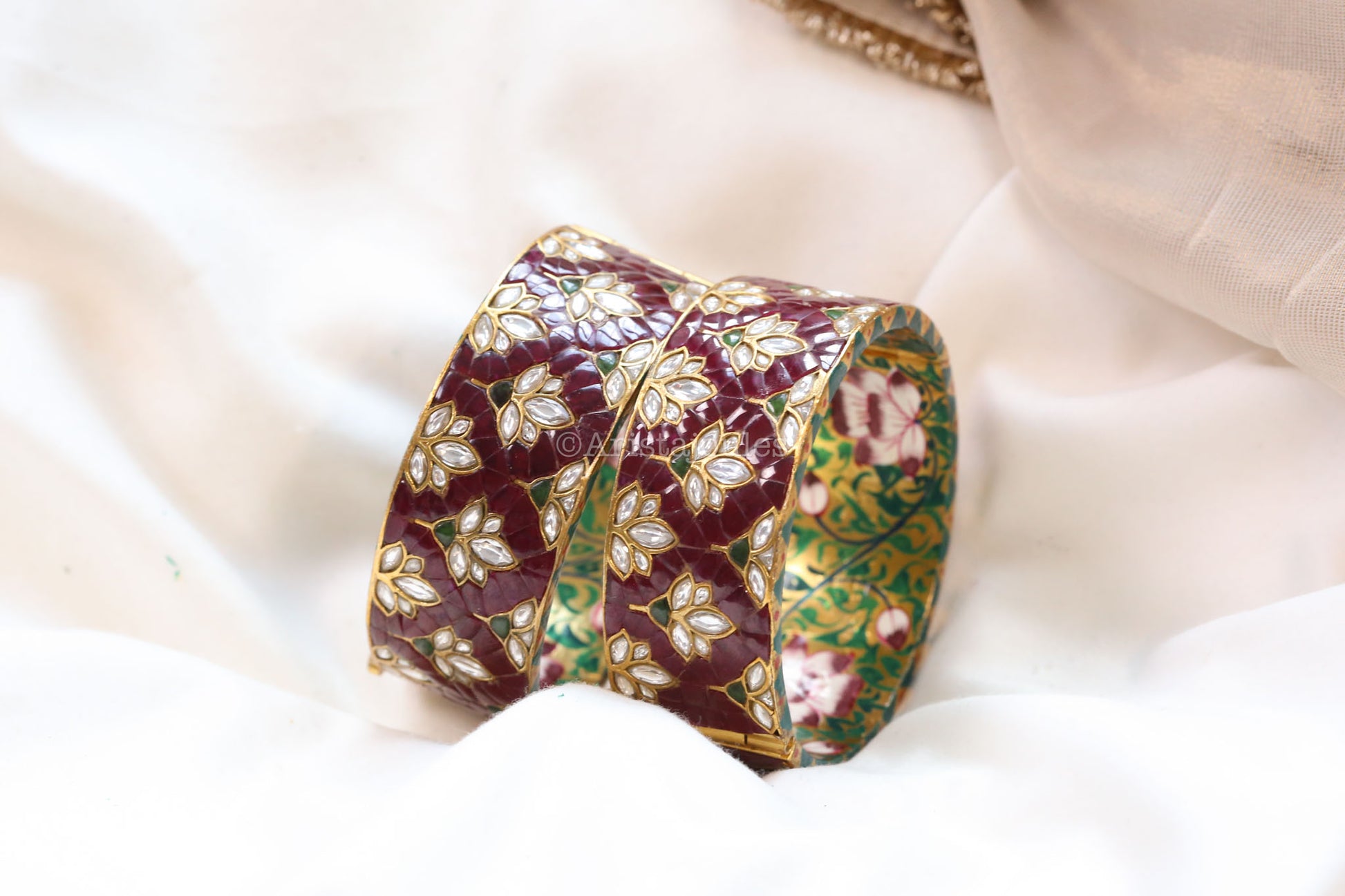 Zeenat Takkar Jadau Kundan Bangle Set (Openable) - Dark Red