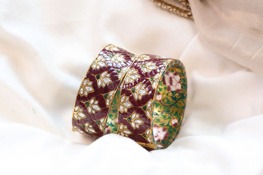 Zeenat Takkar Jadau Kundan Bangle Set (Openable) - Dark Red
