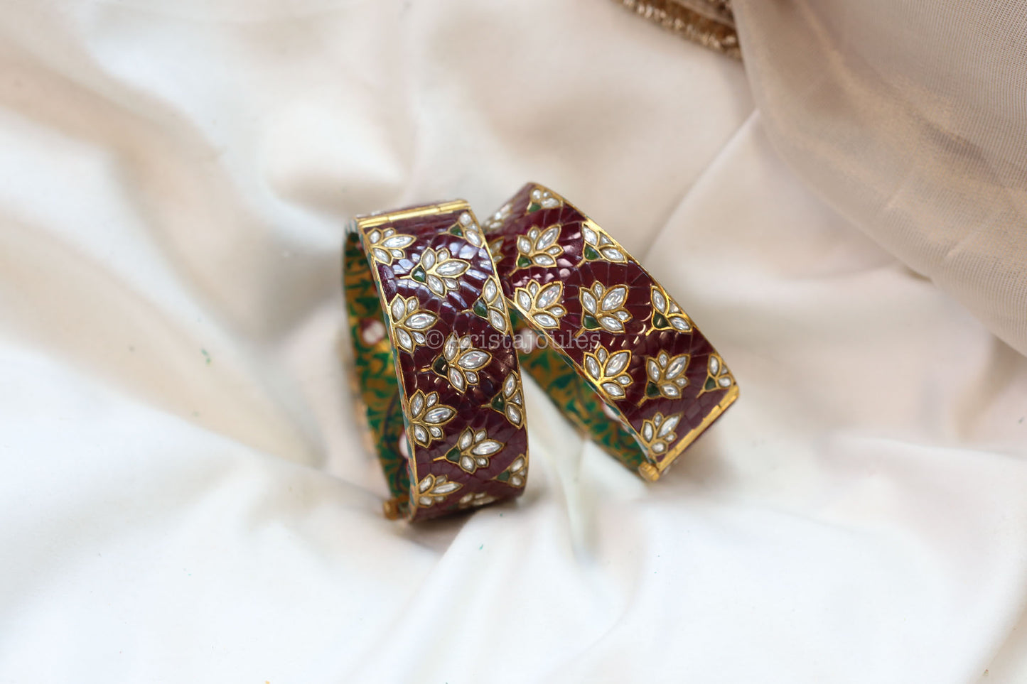 Zeenat Takkar Jadau Kundan Bangle Set (Openable) - Dark Red