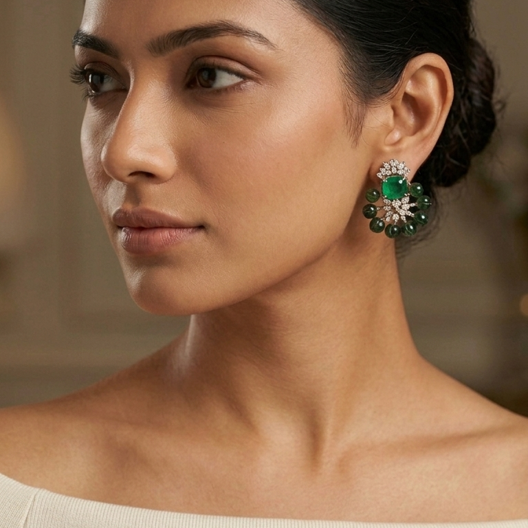 CZ, Doublet & Melon Beads Studs - Green