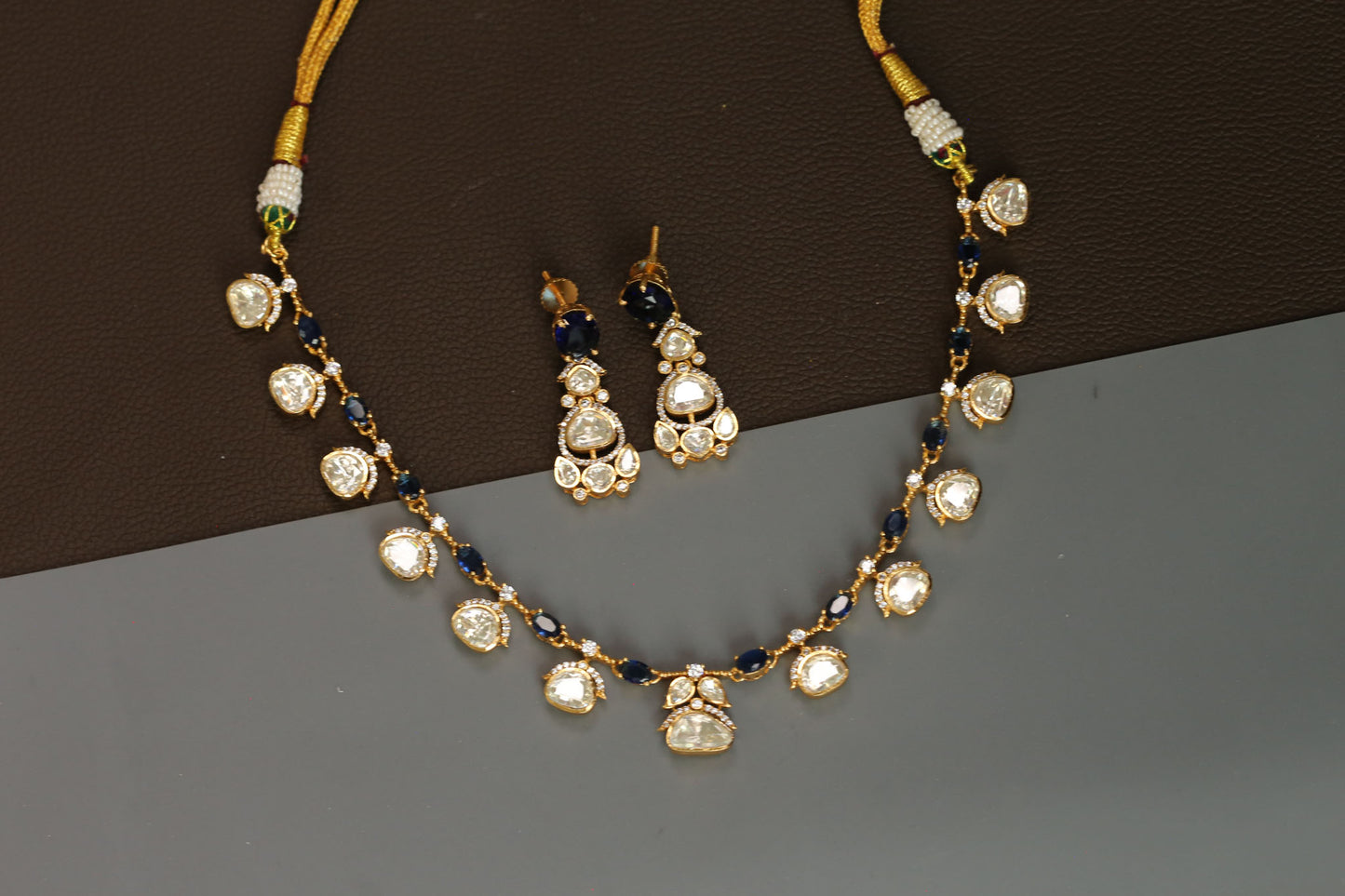 Meera Dainty Real Moissanite Necklace Set - Blue