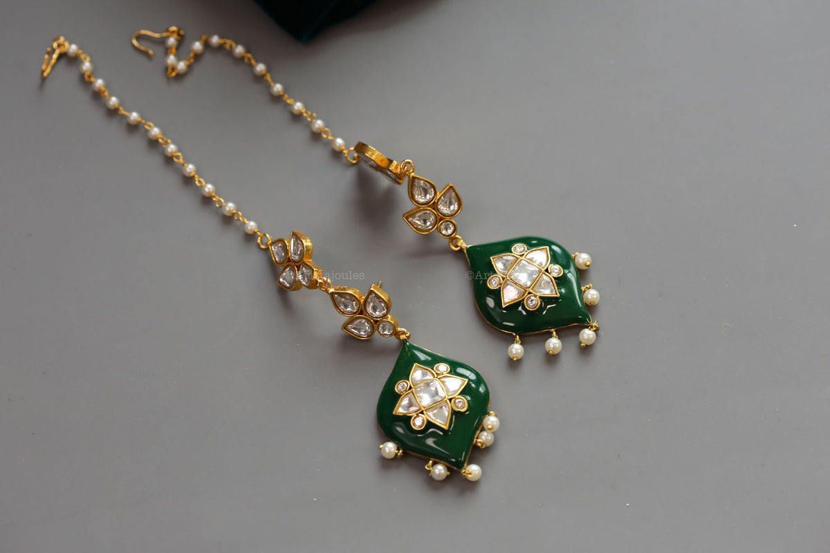 Deepa Enamel Jadau Kundan Earrings - Green