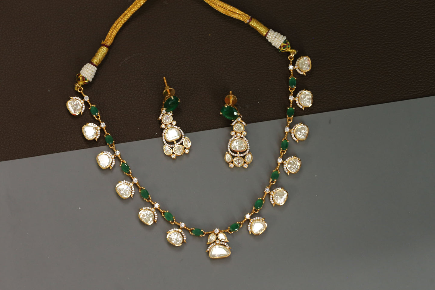 Meera Dainty Real Moissanite Necklace Set - Green